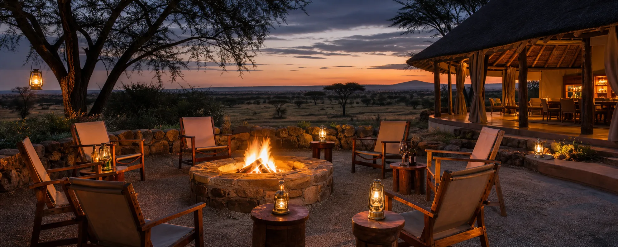 Sample placeholder safari lodge evening firepit lounge concept