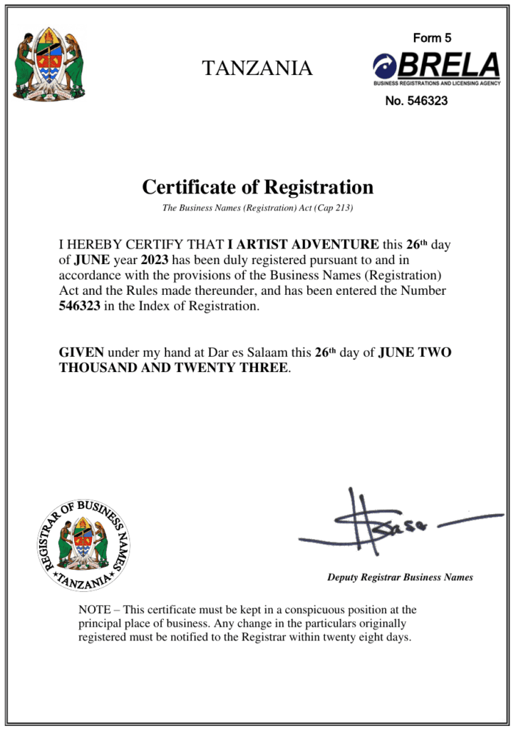 I Artist Adventure Certificate of Business Registration, BRELA No. 546323