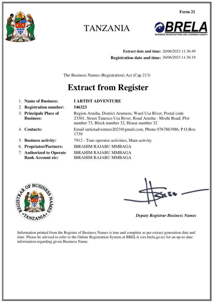 I Artist Adventure Extract from the BRELA Register of Business Names, registration 546323, tour operator activity 7912
