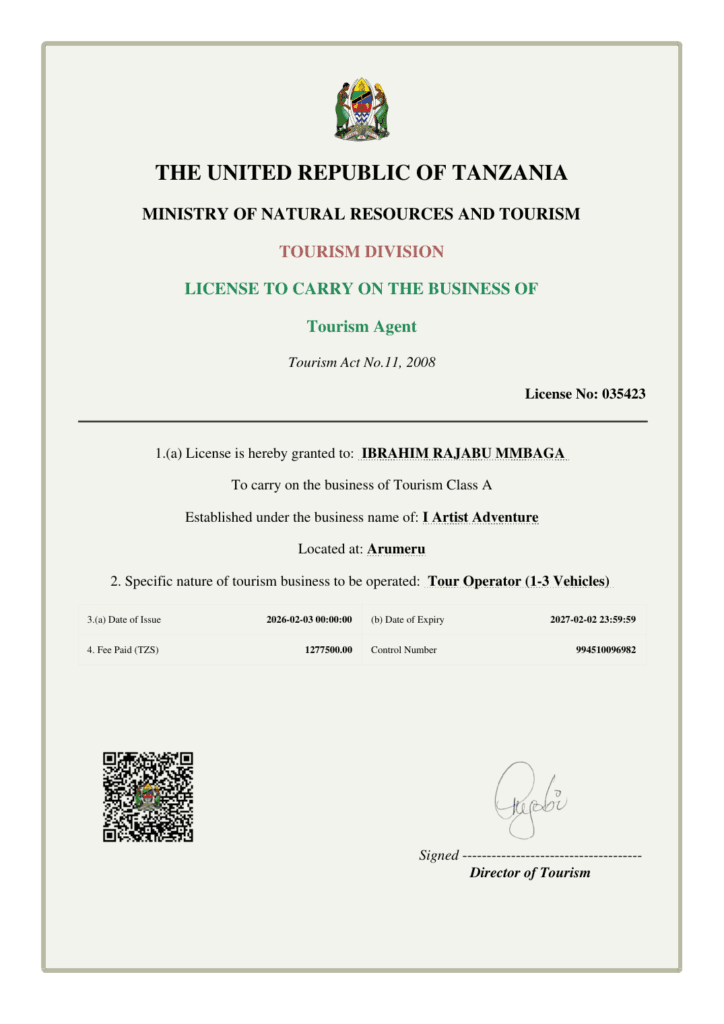 I Artist Adventure Tourist Agents Licensing Authority No. 035423, issued by the Tanzania Ministry of Natural Resources and Tourism, valid to February 2027