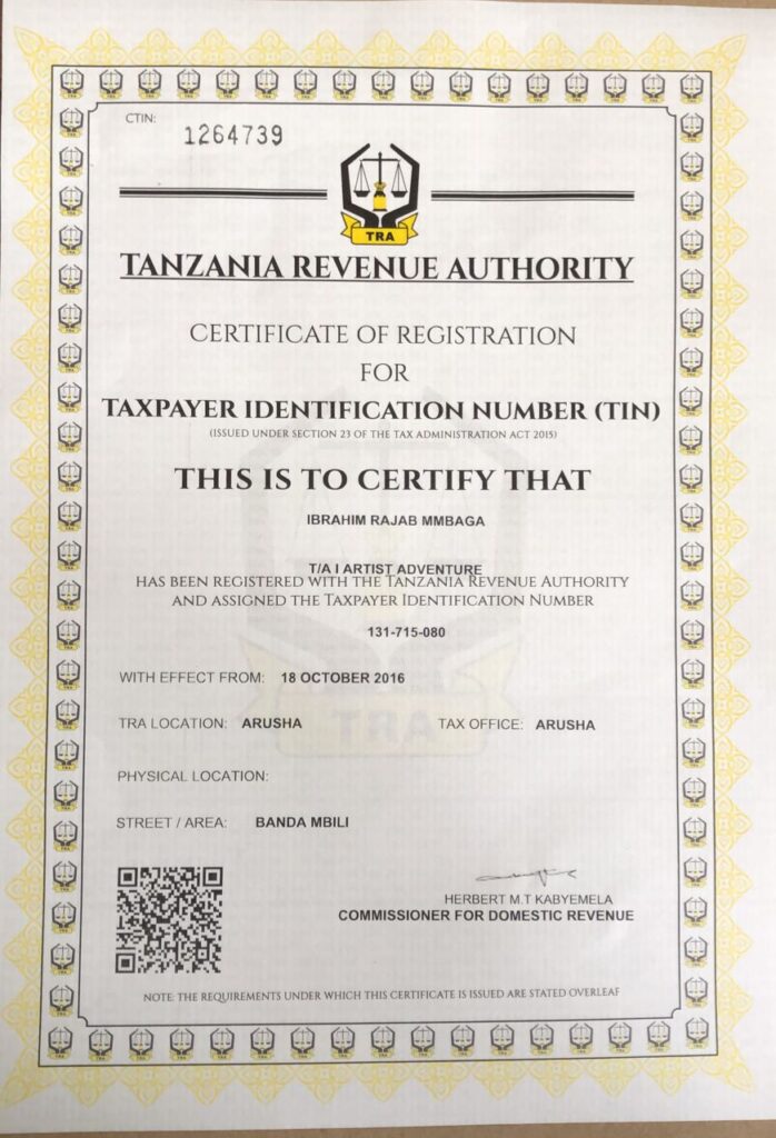 I Artist Adventure Tanzania Revenue Authority Certificate of Registration for Taxpayer Identification Number 131-715-080, effective 18 October 2016