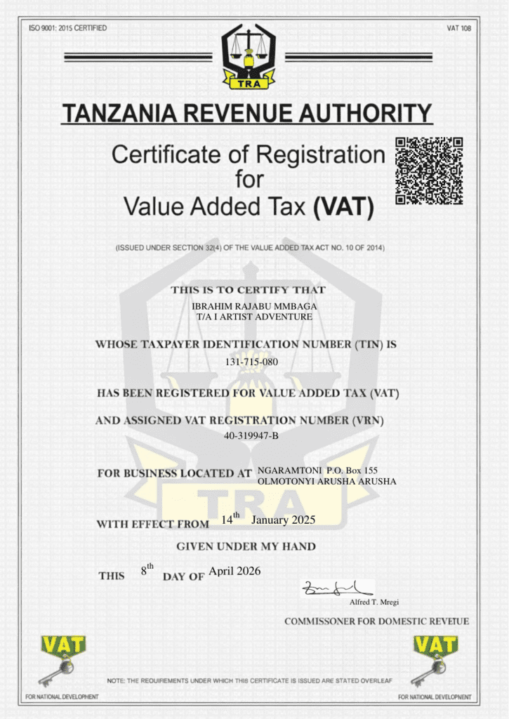 I Artist Adventure Tanzania Revenue Authority Certificate of Registration for Value Added Tax, VRN 40-319947-B, effective January 2025